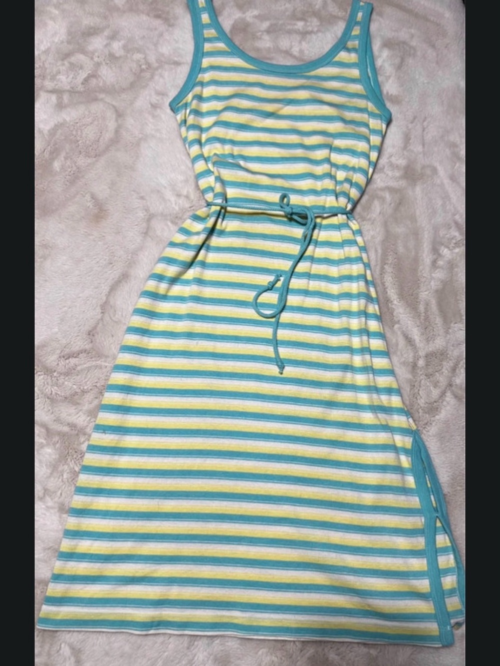 Vintage 1970s Crylor Striped Tank Midi Dress in Aqua, Yellow & White